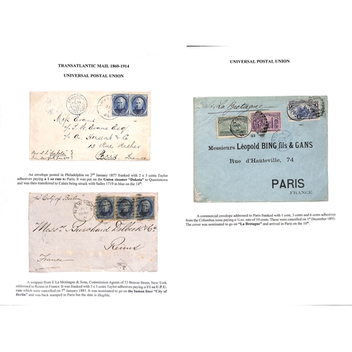 604 - 1876-98 Stamped entire letters and covers (10) and a postcard from USA to France including 1893 cove... 