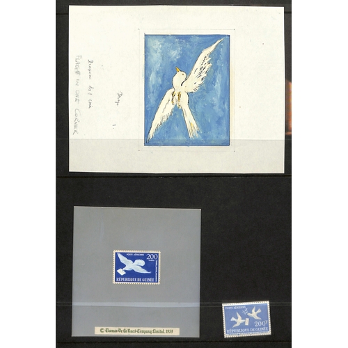 1094 - 1959 Air set, 200f handpainted stamp size essays, an unadopted design in dark blue featuring a dove ... 