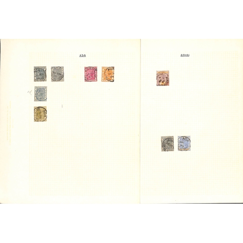 1092 - Postmarks. 1876-1901 QV Stamps collected for their cancellations, written up on pages with undated c... 