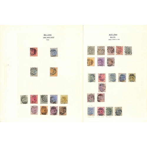 1092 - Postmarks. 1876-1901 QV Stamps collected for their cancellations, written up on pages with undated c... 