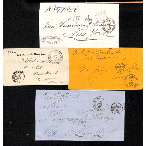 584 - Depreciated Currency. 1863-75 Unpaid stampless entire letters to USA, all from or via England with v... 