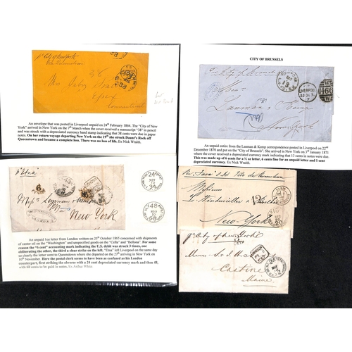 584 - Depreciated Currency. 1863-75 Unpaid stampless entire letters to USA, all from or via England with v... 