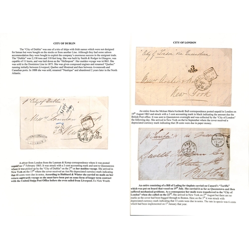 584 - Depreciated Currency. 1863-75 Unpaid stampless entire letters to USA, all from or via England with v... 