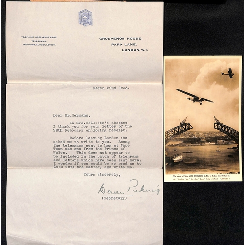 685 - Amy Johnson. 1933 (Jan 11) Two page typed letter on Grosvenor House notepaper regarding missing lett... 