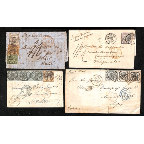 1214 - Papal States. 1852-61 Entire letters (3) and a cover from Rome (3) or Civitavecchia, to England (3) ... 