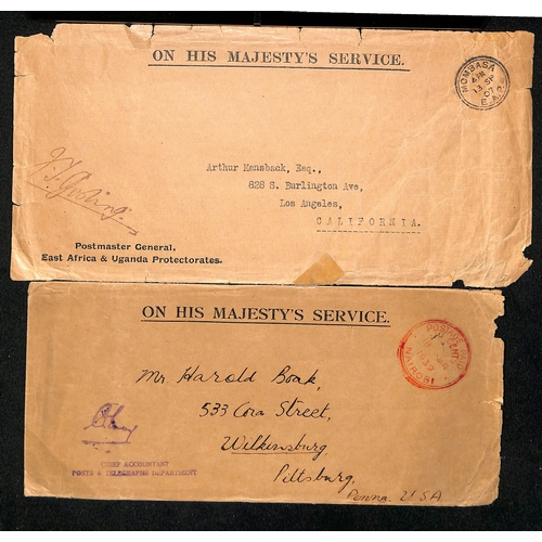 1233 - 1907 Stampless O.H.M.S Post Office cover from Mombasa to USA with enclosed letter regarding stamps c... 