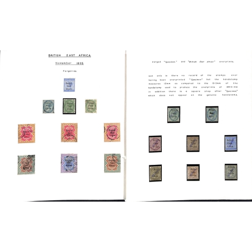 1229 - Forgeries. 1890-97 Issues, forged stamps or overprints written up on pages including 1890 imperf 1a,... 