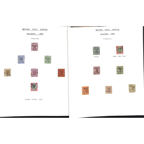 1229 - Forgeries. 1890-97 Issues, forged stamps or overprints written up on pages including 1890 imperf 1a,... 