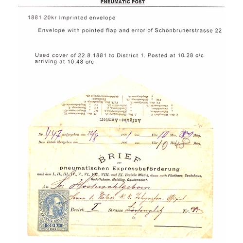 879 - Vienna Pneumatic Post. 1875-1956 Covers and cards in three albums, the collection formed by Colin To... 