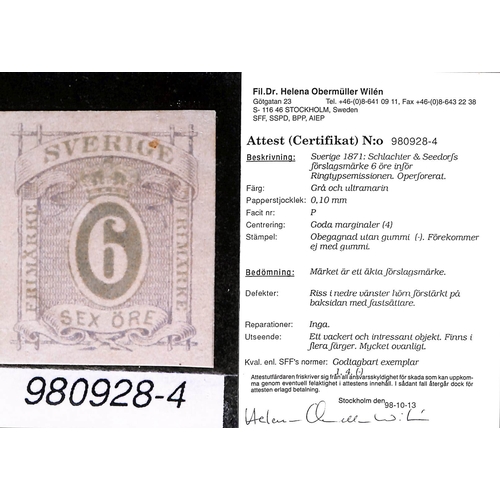 1477 - 1871 Ring type issue, 6ore imperforate essay in grey and ultramarine by Schlachter and Seedorf, fine... 