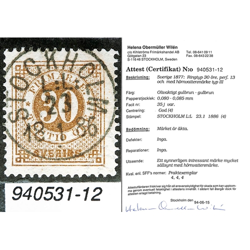 1483 - 1885-86 Ring type perf 13 30ore olivish yellow-brown, variety part crown watermark, well centred, a ... 