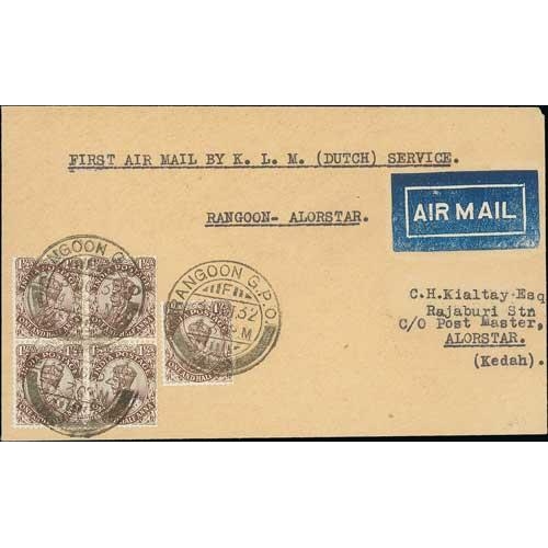 1283 - 1932 (Oct 6/9) KLM Netherlands to Dutch East Indies flight, covers flown from Calcutta to Bangkok, A... 