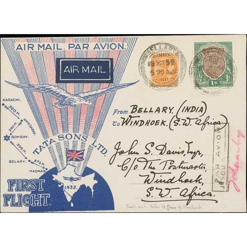 1285 - 1932 (Oct 15/18) Tata Sons Ltd, Karachi to Madras route, official Tata first type flight covers with... 