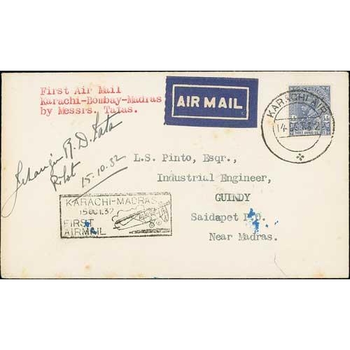 1287 - 1932 (Oct 15) Tata Sons Ltd, Karachi to Madras route, covers flown from Karachi to Bombay or Madras,... 