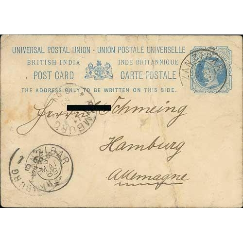 1669 - 1889 (May 3) India 1a6p postcard commercially used to Germany, posted into the French Post Office, t... 