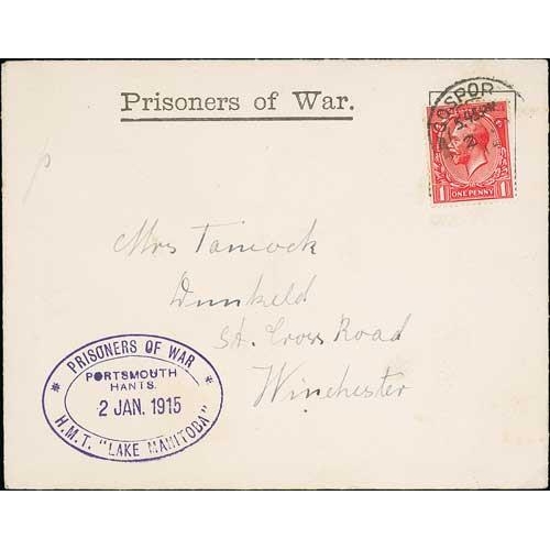 540 - World War One - P.O.W Ships. 1914-15 Covers with P.O.W envelope franked 1d cancelled at Gosport, vio... 