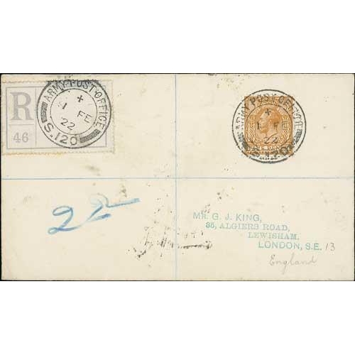 542 - British Plebiscite Forces - Upper Silesia/Flensburg. 1922 (Feb 1) Registered cover to George King in... 