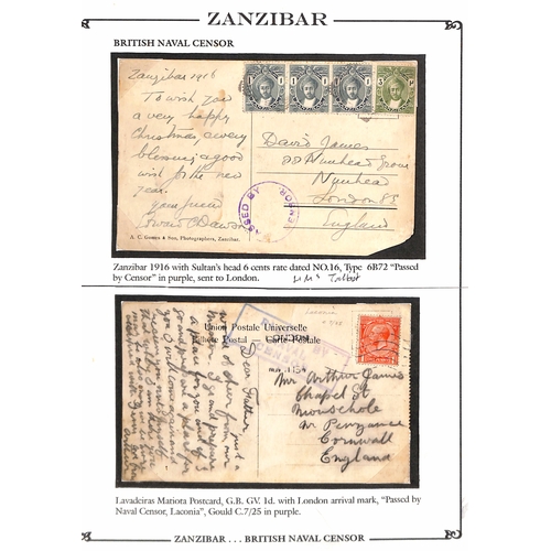 1670 - Naval Mail. 1915-19 Covers and cards with 1915 cover franked 6c tied by Zanzibar squared circle with... 