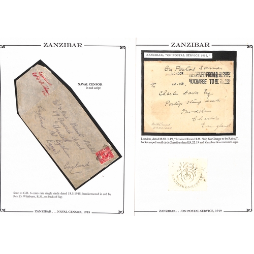 1670 - Naval Mail. 1915-19 Covers and cards with 1915 cover franked 6c tied by Zanzibar squared circle with... 