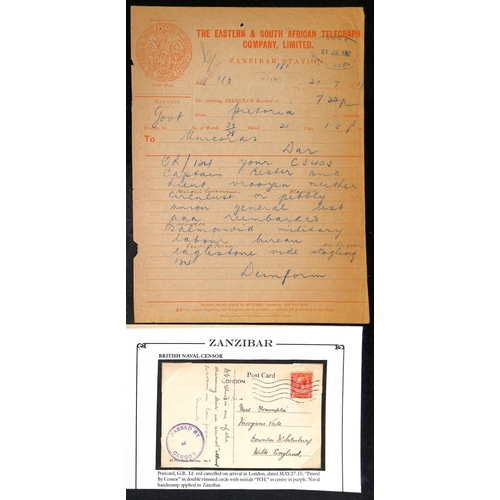 1670 - Naval Mail. 1915-19 Covers and cards with 1915 cover franked 6c tied by Zanzibar squared circle with... 