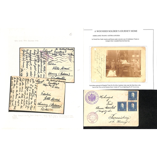 271 - Austria. 1915-18 Stampless postcards (19) and covers (2) with cachets comprising Spitalzug 7, 27 (2)... 