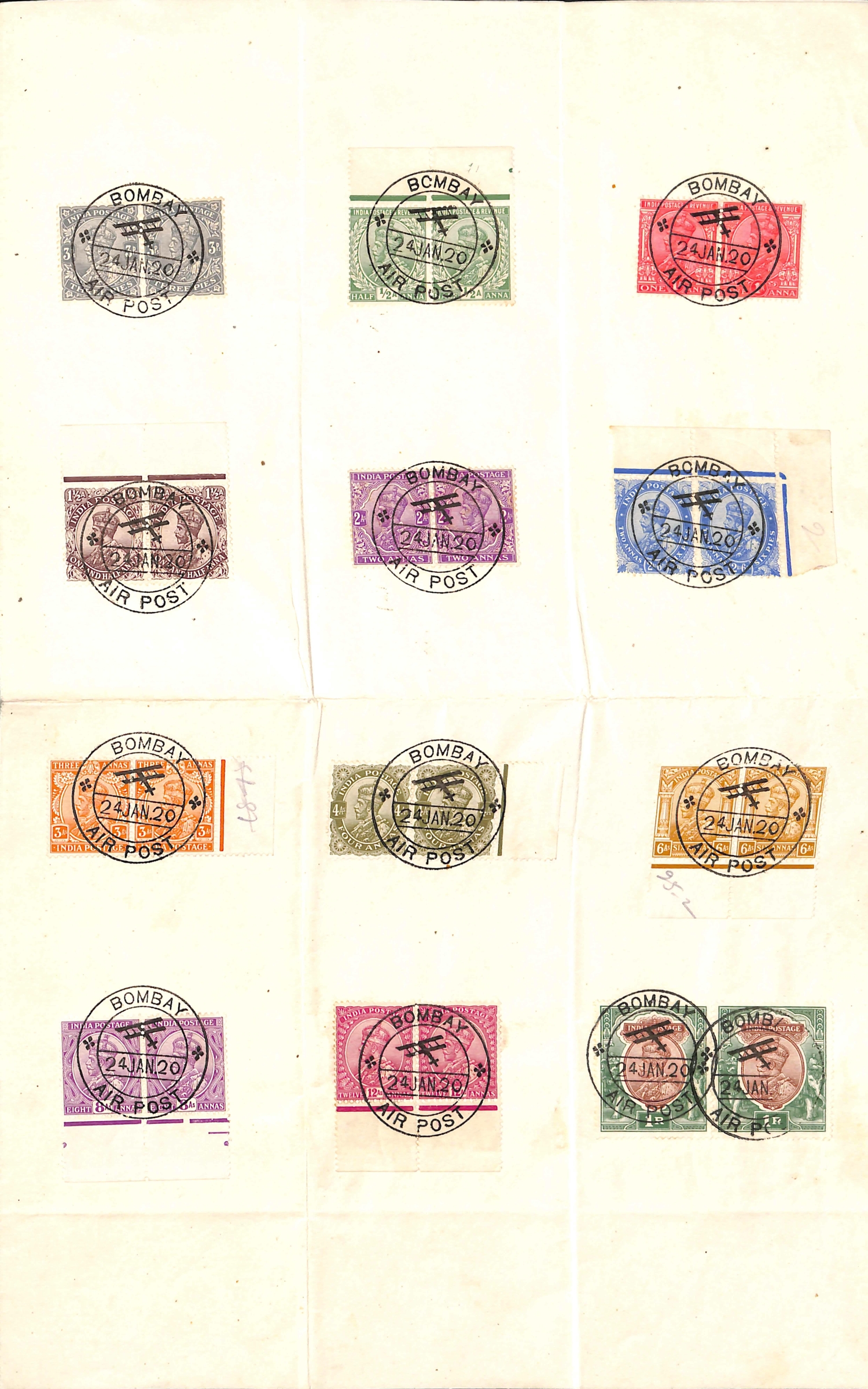 1920 (Jan 24) Sheet of paper bearing KGV 3p 1r stamps (12 values) all