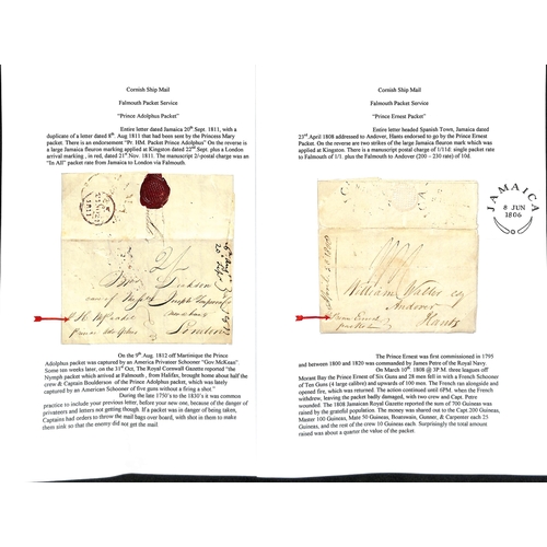 523 - 1808-11 Entire letters from Spanish Town or Kingston to England both with large Jamaica fleuron date... 