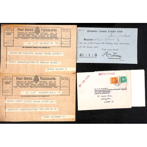 37 - Yorkshire. 1906-86 Ephemera and signed covers including two 1932 (June 16) telegrams from Yorkshire ... 