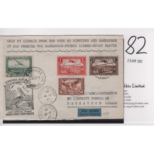 82 - 1937 (June 29) Air mail cover from Luxembourg to Canada, flown on the first flight from Prince Alber... 