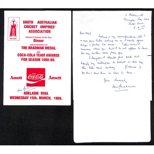 56 - Don Bradman. 1980-97 Commemorative covers (8), a letter and menu all signed by Bradman, one cover wi... 