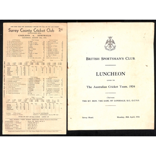 54 - Australia - Tours to England. 1921-2005 Ephemera including 1934 Kennington Oval scorecard (Australia... 