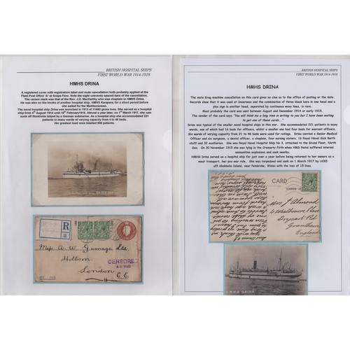 123 - Drina. 1914-15 Covers (2) and picture postcards (5) from the ship, a 3d registration envelope franke... 