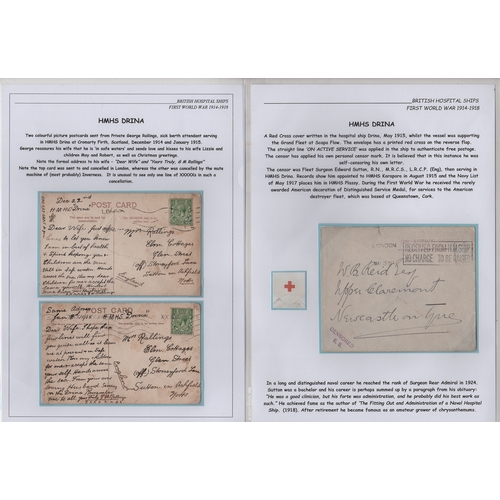 123 - Drina. 1914-15 Covers (2) and picture postcards (5) from the ship, a 3d registration envelope franke... 