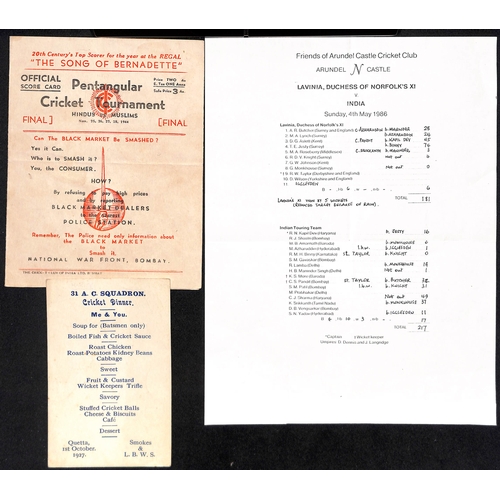 58 - India. 1927-2004 Ephemera including 1926-27 M.C.C tour of India Christmas card; 1952 Hampshire match... 