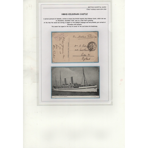 134 - Kildonan Castle. 1915-16 Stampless covers (2) and a postcard of Salonica, two from Alexandria with m... 