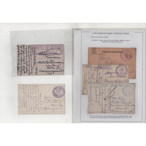 270 - Austria. 1914-17 Stampless postcards (6) and a cover franked 15h, all with cachets of hospital train... 