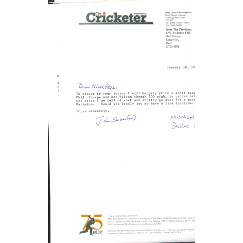 31 - 1933-2001 Letters in an album, from cricketers or concerning cricket, some useful autographs includi... 