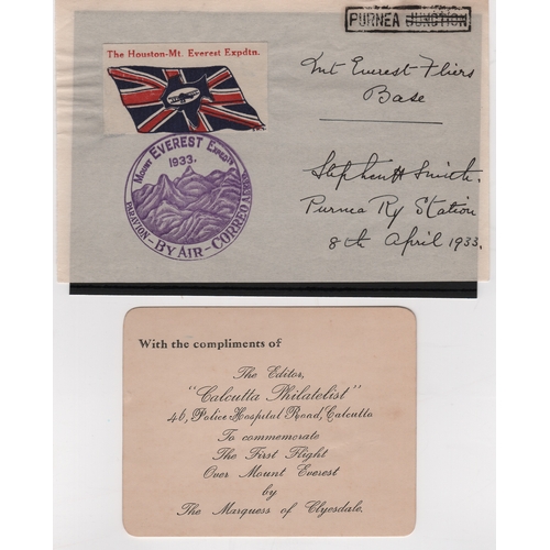 1291 - 1933 (Apr 8) Houston Mount Everest Expedition, piece signed by Stephen Smith and inscribed in his ha... 