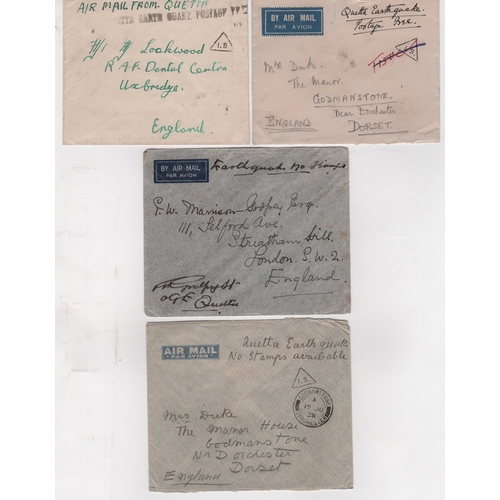 1295 - 1935 (June) Quetta Earthquake. Stampless covers to England, two endorsed 