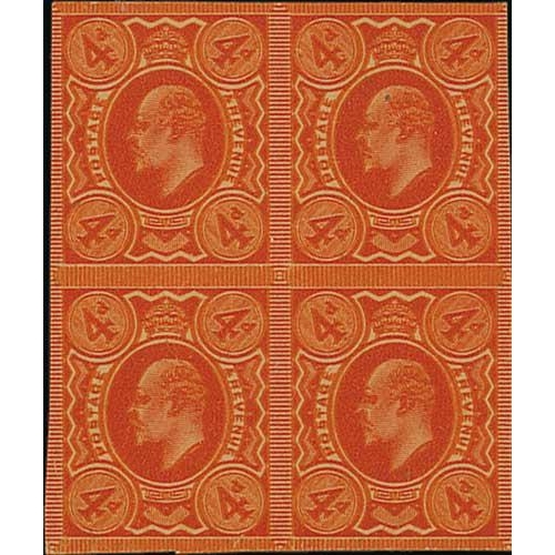 101 - 1909 4d Orange, imperforate plate proof block of four on buff paper. S.G. £340+. Photo on Page ... 