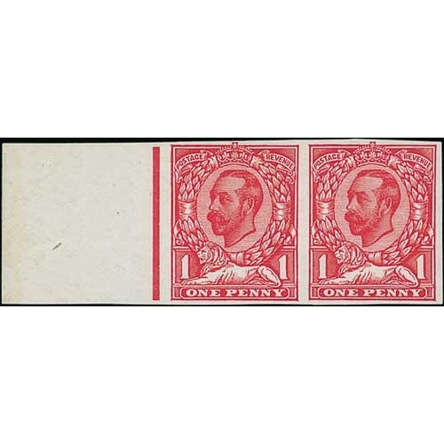 109 - 1911 KGV Downey Head 1d, die 1B imperforate plate proofs, marginal single and a pair in carmine on u... 