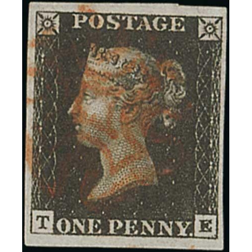 12 - 1840 1d Black, TE plate 8, good to large margins, superb used with a red Maltese Cross. Photo on Pag... 