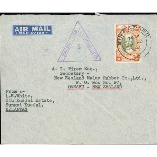 1257 - 1941 Cover from Sungei Kusial to New Zealand franked 50c, posted as a train letter and cancelled at ... 