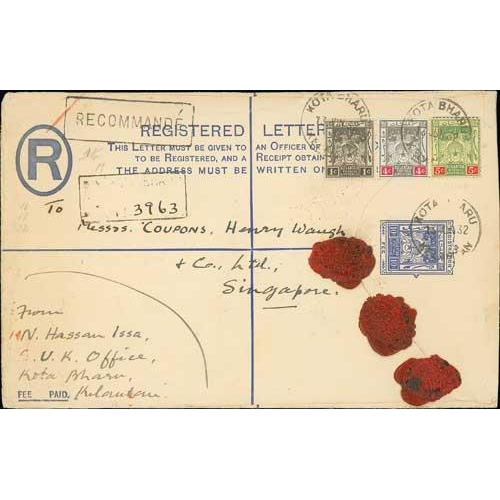 1293 - Registration Envelopes. 1932 10c Envelope size H to Singapore, franked 1c + 4c + 5c, boxed 