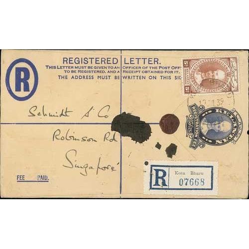 1295 - Registration Envelopes. 1939 15c Envelope used from Kota Bharu to Singapore franked 5c, fine and sca... 