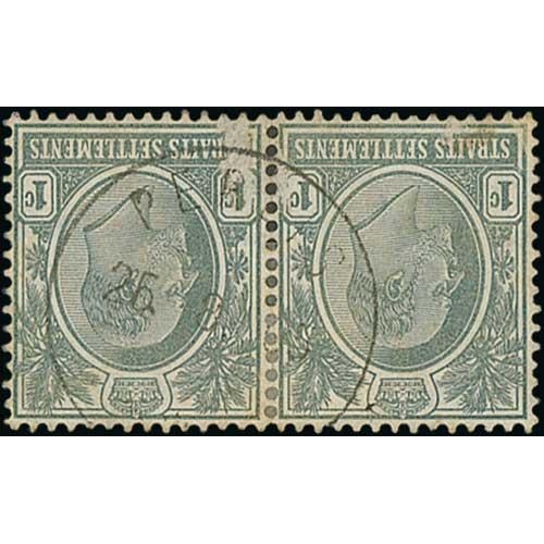 1301 - Straits Settlements Used in Perlis. KEVII 1c single and pair cancelled by Perlis double ring bilingu... 