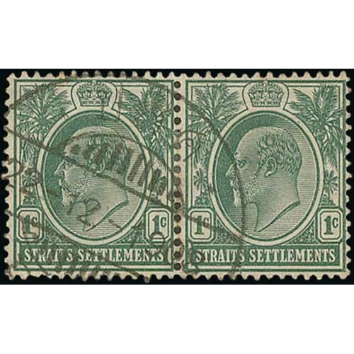 1301 - Straits Settlements Used in Perlis. KEVII 1c single and pair cancelled by Perlis double ring bilingu... 