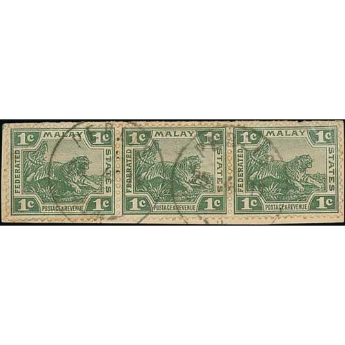 1303 - 1909-12 Stamps (6) and pieces (12) with single ring Perlis c.d.s, comprising two 1c strips of three ... 