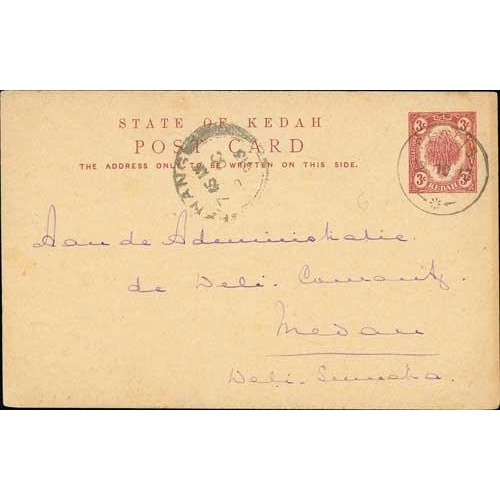 1308 - Postal Stationery. 1913 3c Postcard written from Perlis to Medan, Netherlands Indies, with a Perlis ... 