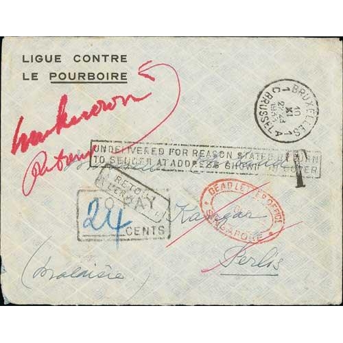 1318 - 1933 Cover posted unpaid from Brussels to Kangar handstamped 